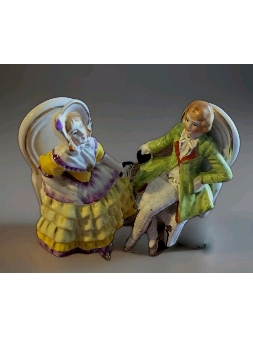 Antique Pair Porcelain Victorian Seated Figurines Man & Woman Made In Japan 4"